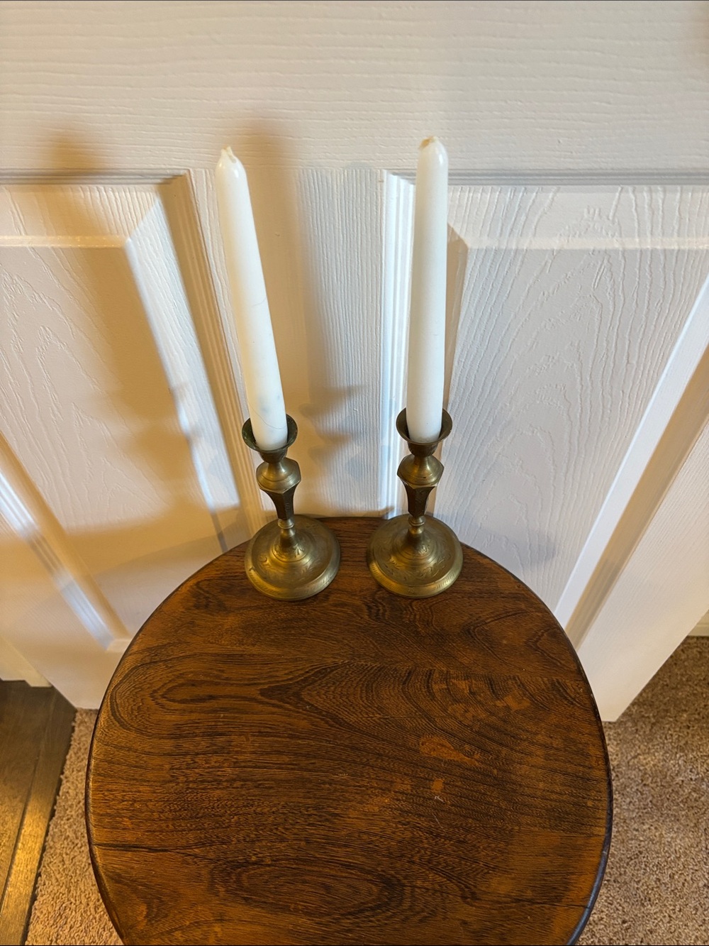 Brass Candlestick Holders with White Taper Candles - Classic Home Accents